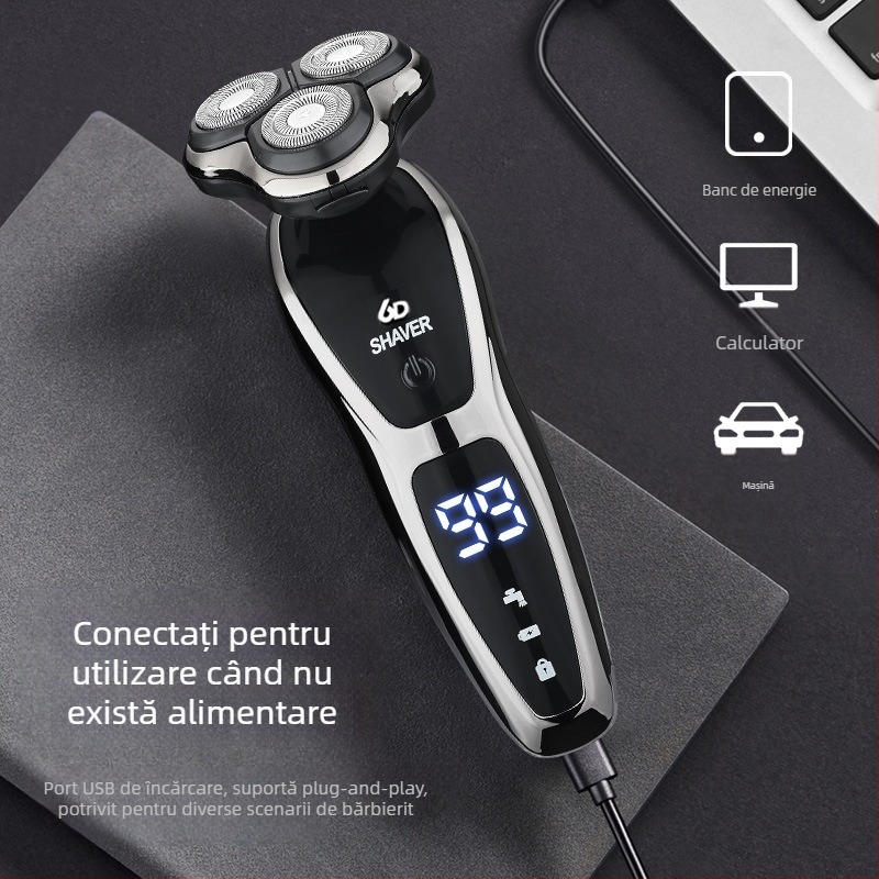 Aparat de ras electric pentru bărbați cu cap rotativ de 3 lame, baterie încorporată 500–800 mAh, motor fără perii, reîncărcabil, lavabil pentru întreg corpul, display LED, cap plutitor
