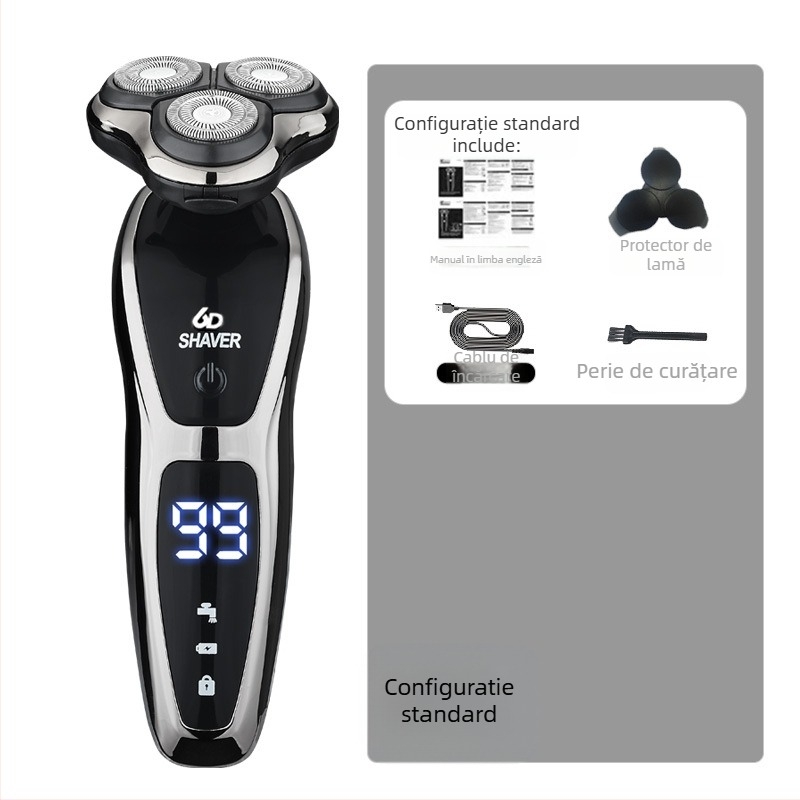 Aparat de ras electric pentru bărbați cu cap rotativ de 3 lame, baterie încorporată 500–800 mAh, motor fără perii, reîncărcabil, lavabil pentru întreg corpul, display LED, cap plutitor
