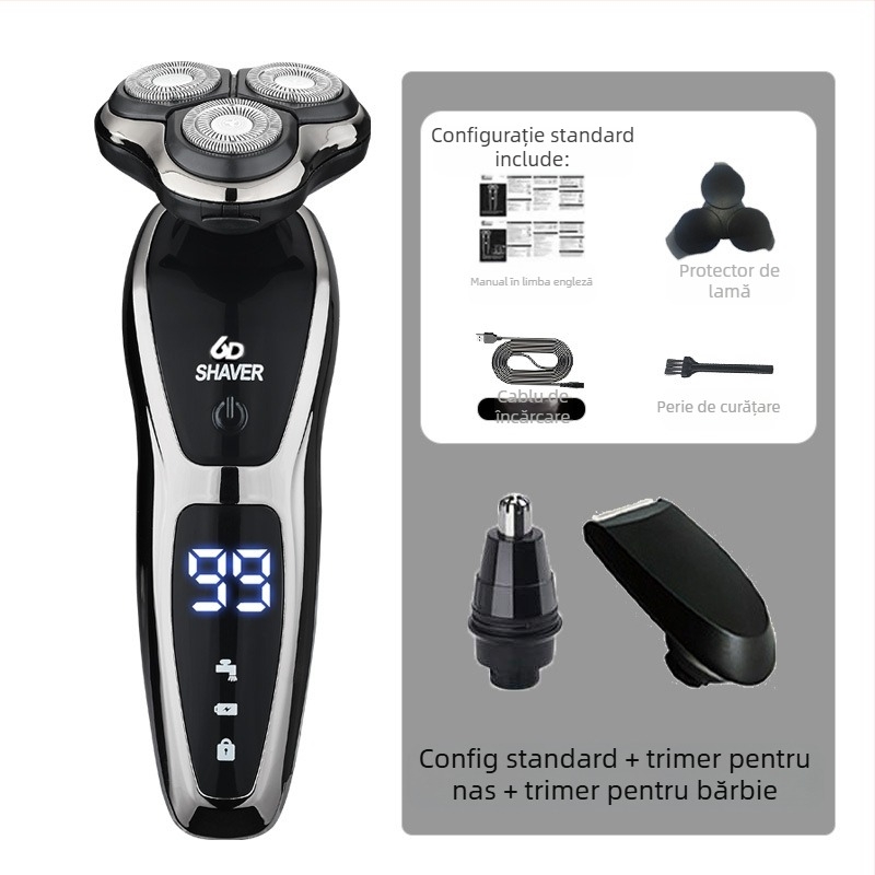Aparat de ras electric pentru bărbați cu cap rotativ de 3 lame, baterie încorporată 500–800 mAh, motor fără perii, reîncărcabil, lavabil pentru întreg corpul, display LED, cap plutitor