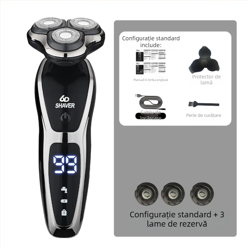 Aparat de ras electric pentru bărbați cu cap rotativ de 3 lame, baterie încorporată 500–800 mAh, motor fără perii, reîncărcabil, lavabil pentru întreg corpul, display LED, cap plutitor
