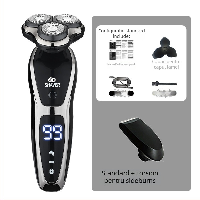 Aparat de ras electric pentru bărbați cu cap rotativ de 3 lame, baterie încorporată 500–800 mAh, motor fără perii, reîncărcabil, lavabil pentru întreg corpul, display LED, cap plutitor