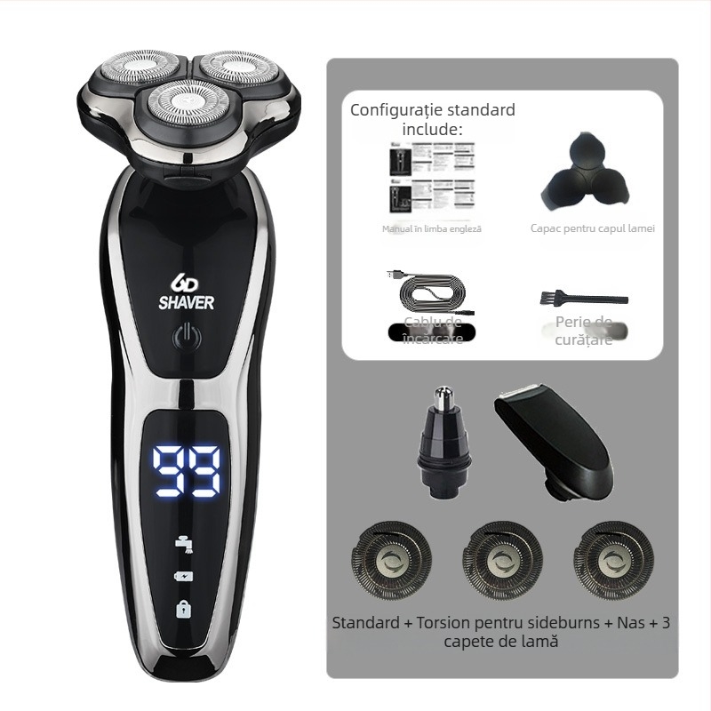 Aparat de ras electric pentru bărbați cu cap rotativ de 3 lame, baterie încorporată 500–800 mAh, motor fără perii, reîncărcabil, lavabil pentru întreg corpul, display LED, cap plutitor