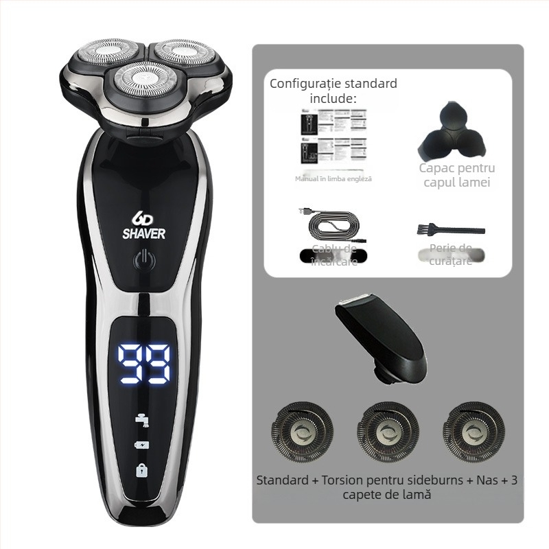 Aparat de ras electric pentru bărbați cu cap rotativ de 3 lame, baterie încorporată 500–800 mAh, motor fără perii, reîncărcabil, lavabil pentru întreg corpul, display LED, cap plutitor