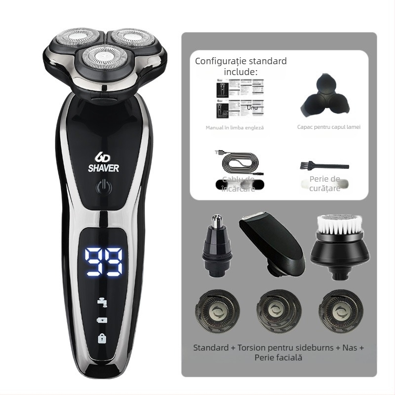 Aparat de ras electric pentru bărbați cu cap rotativ de 3 lame, baterie încorporată 500–800 mAh, motor fără perii, reîncărcabil, lavabil pentru întreg corpul, display LED, cap plutitor