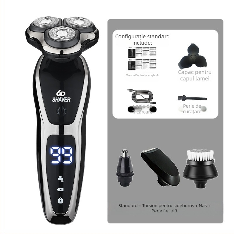 Aparat de ras electric pentru bărbați cu cap rotativ de 3 lame, baterie încorporată 500–800 mAh, motor fără perii, reîncărcabil, lavabil pentru întreg corpul, display LED, cap plutitor