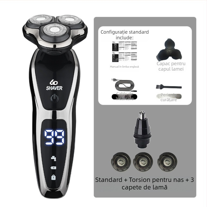 Aparat de ras electric pentru bărbați cu cap rotativ de 3 lame, baterie încorporată 500–800 mAh, motor fără perii, reîncărcabil, lavabil pentru întreg corpul, display LED, cap plutitor