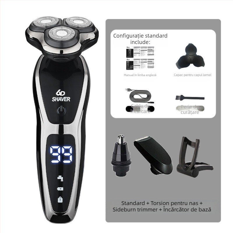 Aparat de ras electric pentru bărbați cu cap rotativ de 3 lame, baterie încorporată 500–800 mAh, motor fără perii, reîncărcabil, lavabil pentru întreg corpul, display LED, cap plutitor