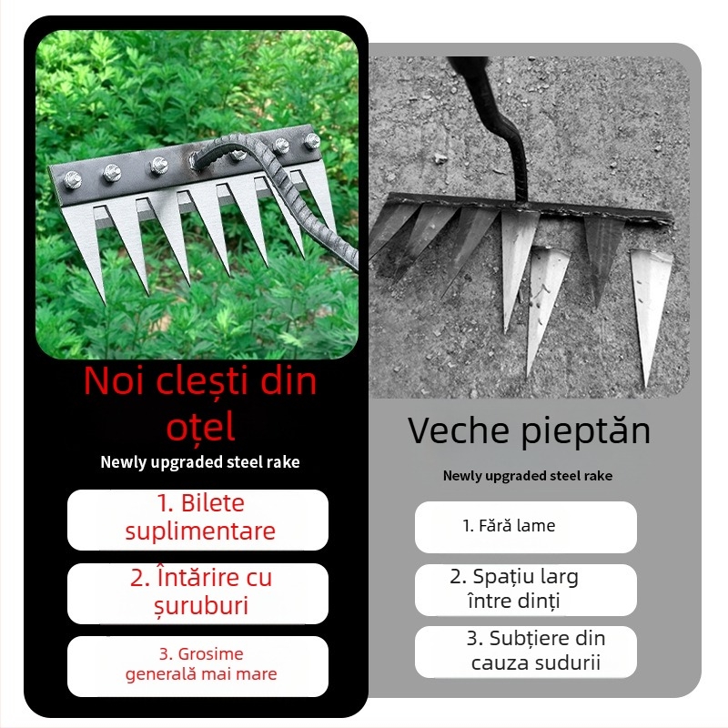 Unelte multifuncționale pentru plivit cu greblă integrată și lamă din oțel mangan pentru uz casnic și agricol (întoarcerea solului, afânarea)