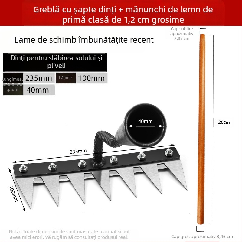 Unelte multifuncționale pentru plivit cu greblă integrată și lamă din oțel mangan pentru uz casnic și agricol (întoarcerea solului, afânarea)