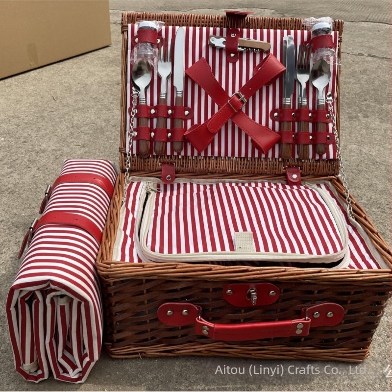 Cos de picnic, împletit manual din răchită, cu capac, coș de depozitare cu stil pastoral pentru fructe și altele, însoțit de geantă izolantă pentru tacâmuri (set de 4)