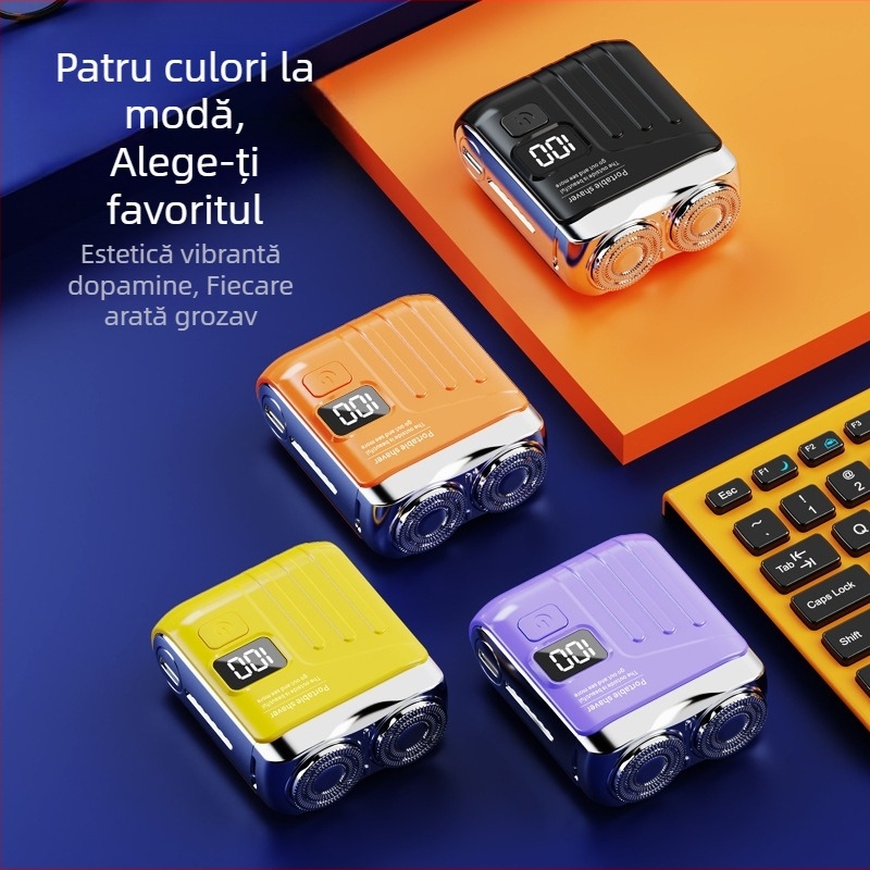 Aparat de ras electric mini portabil cu cap de tăiere plutitor și cap rotativ cu două lame (Baterie încorporată de 300–500 mAh, autonomie de 60 de minute, motor fără perii)