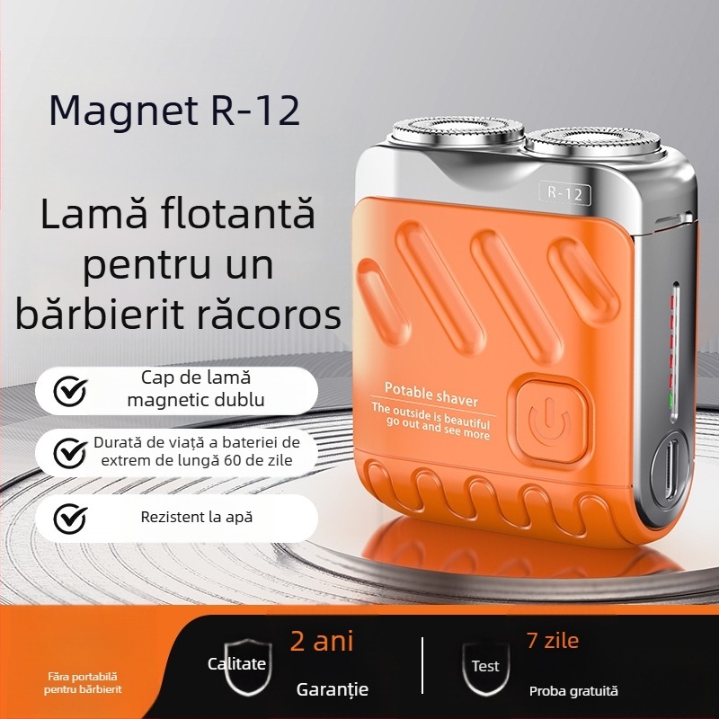 Aparat de ras electric mini portabil cu cap de tăiere plutitor și cap rotativ cu două lame (Baterie încorporată de 300–500 mAh, autonomie de 60 de minute, motor fără perii)