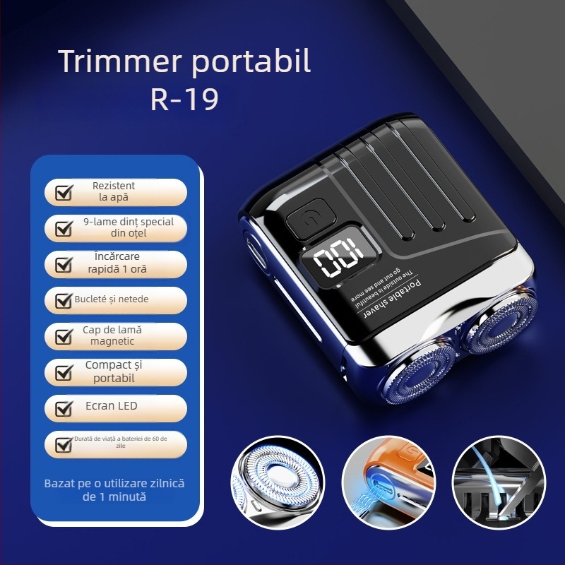 Aparat de ras electric mini portabil cu cap de tăiere plutitor și cap rotativ cu două lame (Baterie încorporată de 300–500 mAh, autonomie de 60 de minute, motor fără perii)