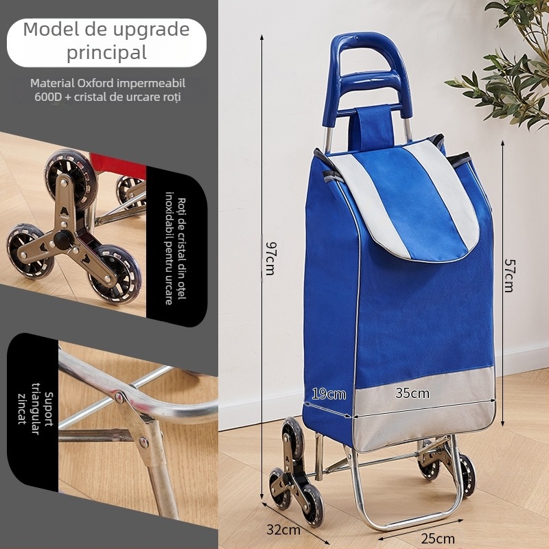 Căruț de cumpărături pentru uz casnic, pliabil, cadru din țeavă galvanizată + material Oxford 600D, capacitate de încărcare 15 kg, căruț cu mâner de tragere, origine Hebei, China