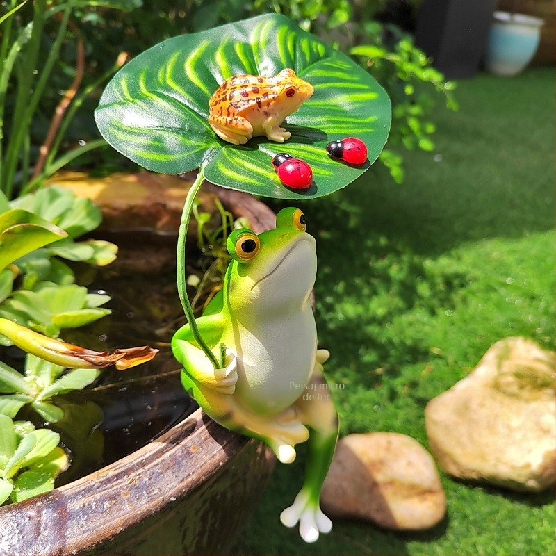 Figurină broscuță cu umbrelă pentru grădină și decor de iaz, mini, cu flori de mătase, fabricat în China