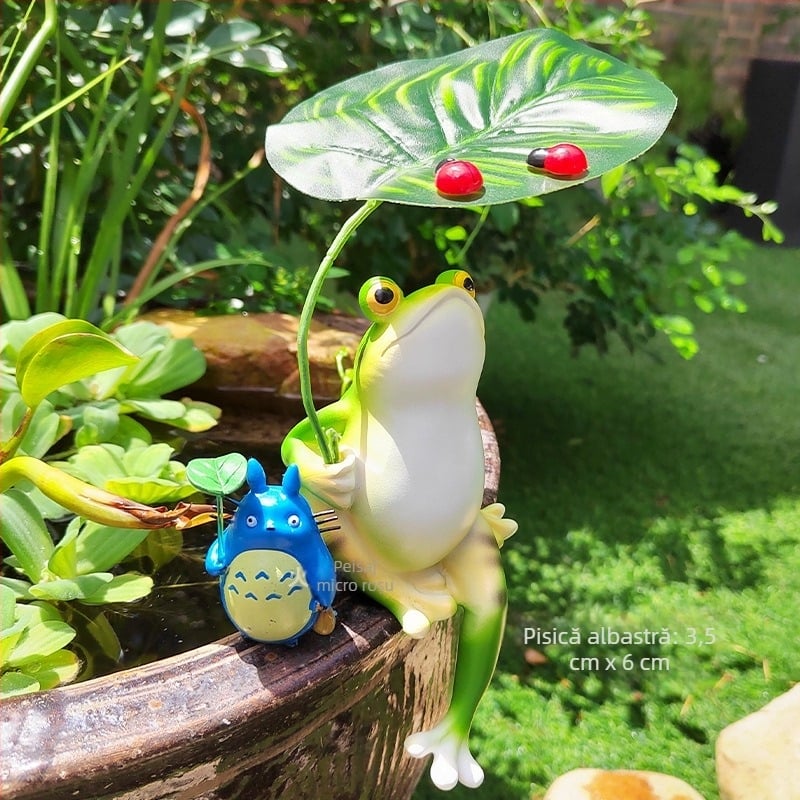Figurină broscuță cu umbrelă pentru grădină și decor de iaz, mini, cu flori de mătase, fabricat în China