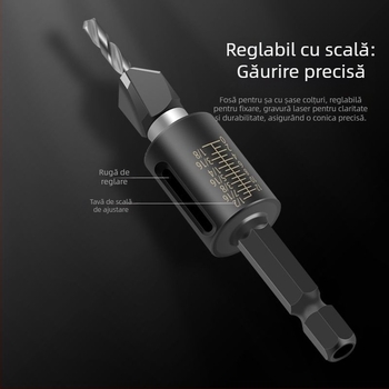 Bur pentru găuri conice cu patru lame, cap din aliaj, adâncime reglabilă, gaură în trepte