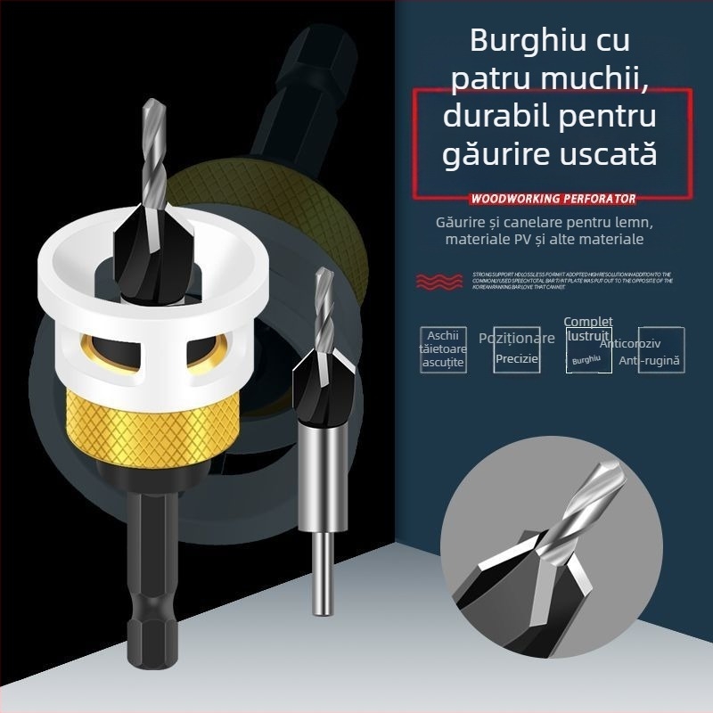 Bur pentru găuri conice cu patru lame, cap din aliaj, adâncime reglabilă, gaură în trepte