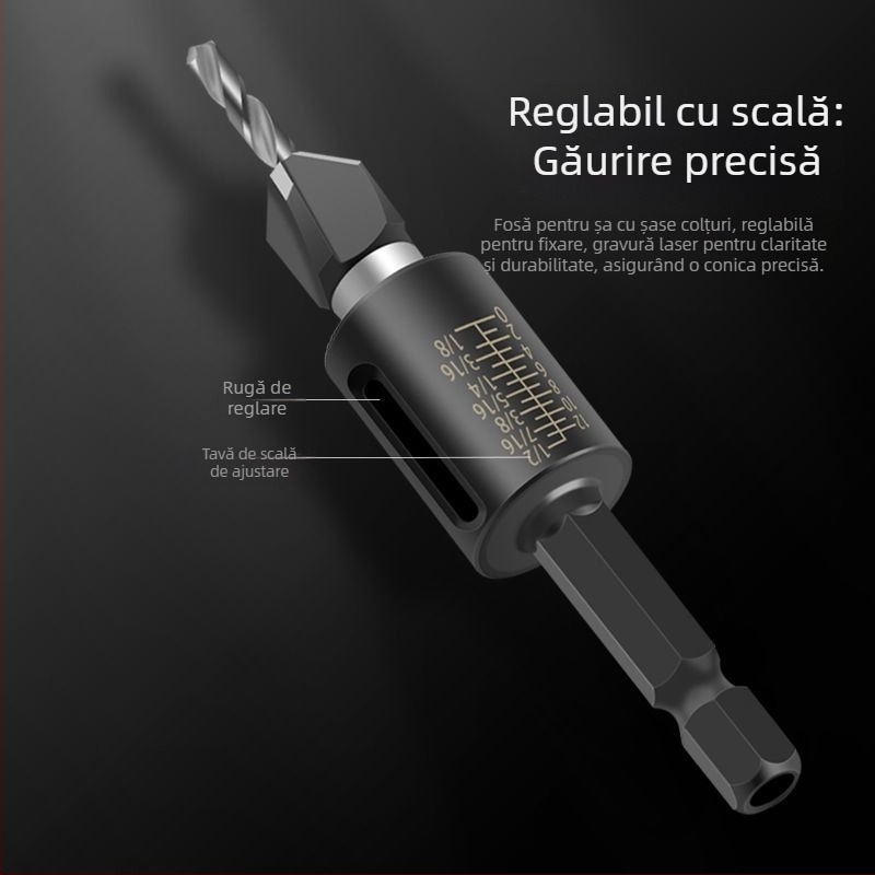 Bur pentru găuri conice cu patru lame, cap din aliaj, adâncime reglabilă, gaură în trepte