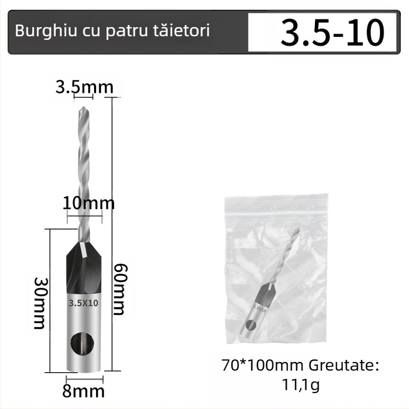 Bur pentru găuri conice cu patru lame, cap din aliaj, adâncime reglabilă, gaură în trepte