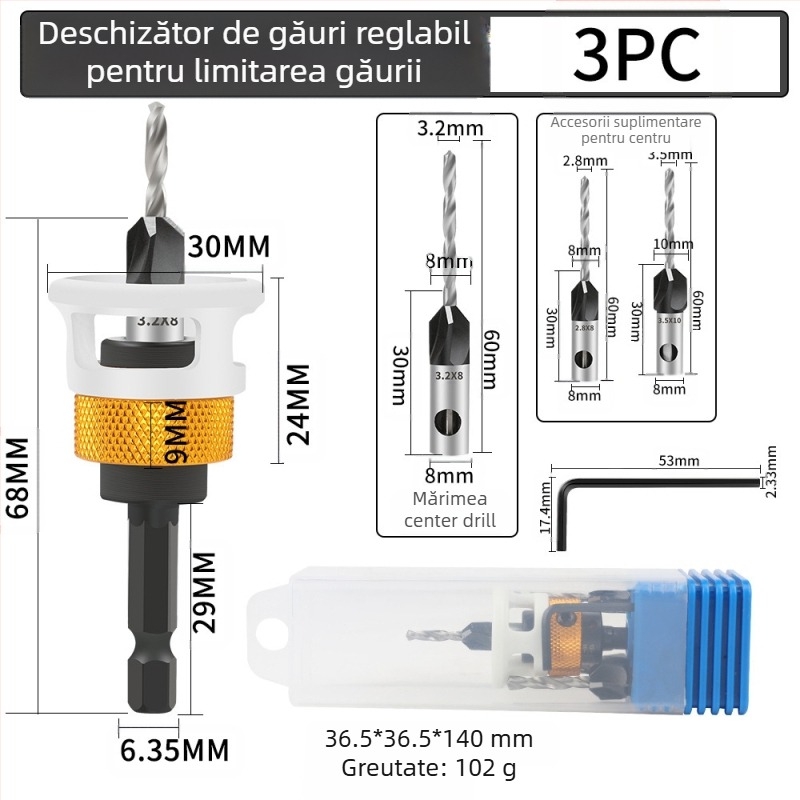Bur pentru găuri conice cu patru lame, cap din aliaj, adâncime reglabilă, gaură în trepte