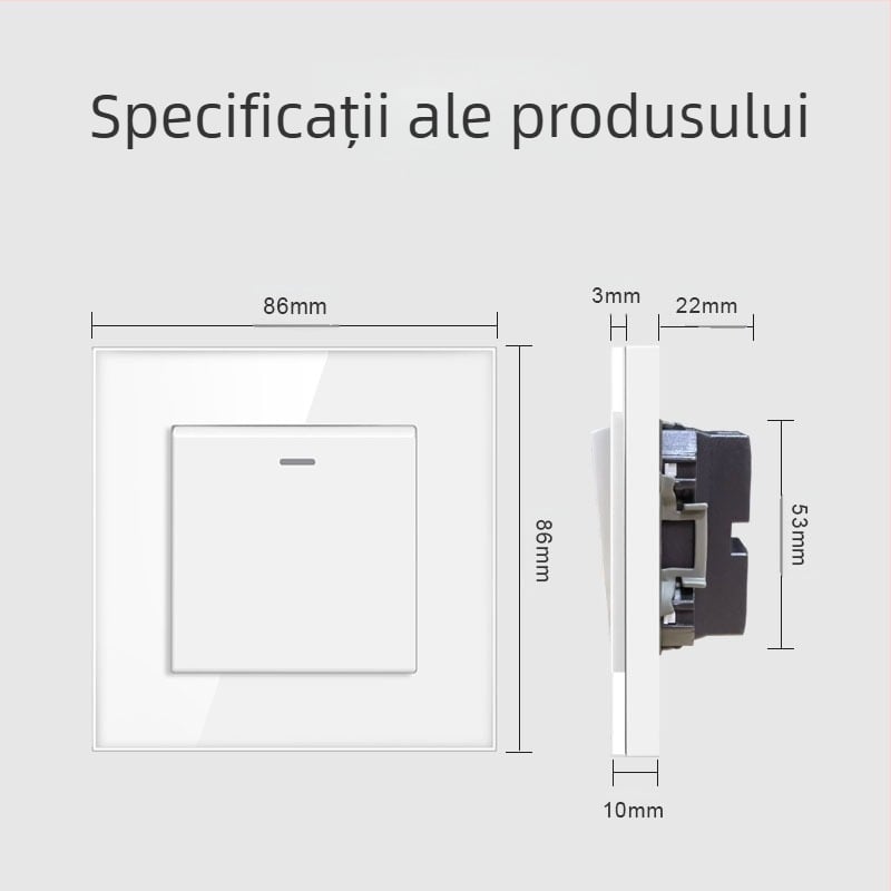 Comutator de perete cu panou din sticlă temperată, întrerupător rocker încorporat, standard european tip 86; 110-250V AC, 16A, distanța găurilor de montaj 60x60 mm, contacte tin phosphor bronze, 100k cicluri