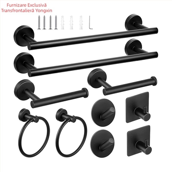 Set pentru prosoape din oțel inoxidabil 304, montat pe perete: bară pentru prosoape, suport pentru șervețele, inel pentru prosoape și cârlige; stil modern minimalist; set de șase piese sau mai mult