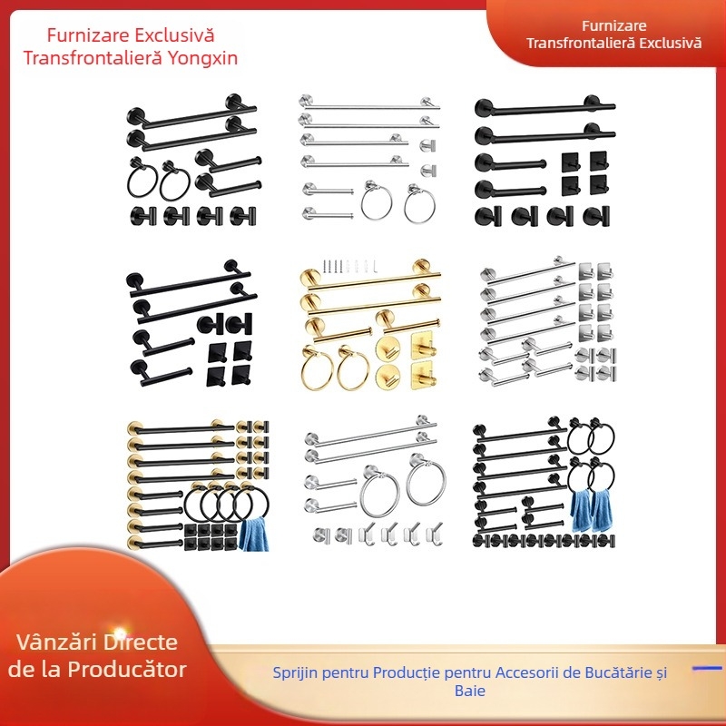 Set pentru prosoape din oțel inoxidabil 304, montat pe perete: bară pentru prosoape, suport pentru șervețele, inel pentru prosoape și cârlige; stil modern minimalist; set de șase piese sau mai mult