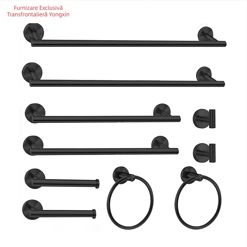 Set pentru prosoape din oțel inoxidabil 304, montat pe perete: bară pentru prosoape, suport pentru șervețele, inel pentru prosoape și cârlige; stil modern minimalist; set de șase piese sau mai mult