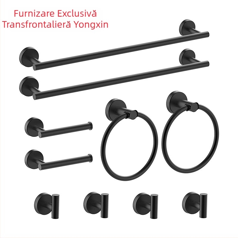 Set pentru prosoape din oțel inoxidabil 304, montat pe perete: bară pentru prosoape, suport pentru șervețele, inel pentru prosoape și cârlige; stil modern minimalist; set de șase piese sau mai mult