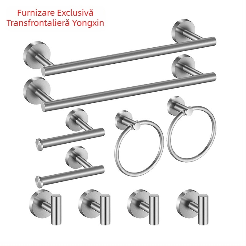 Set pentru prosoape din oțel inoxidabil 304, montat pe perete: bară pentru prosoape, suport pentru șervețele, inel pentru prosoape și cârlige; stil modern minimalist; set de șase piese sau mai mult