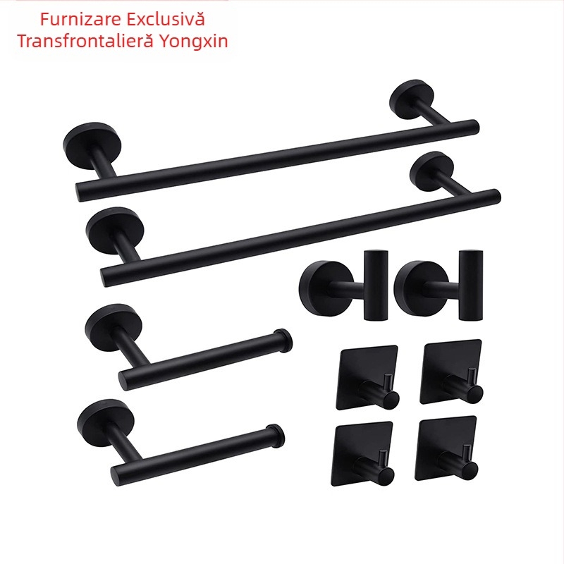 Set pentru prosoape din oțel inoxidabil 304, montat pe perete: bară pentru prosoape, suport pentru șervețele, inel pentru prosoape și cârlige; stil modern minimalist; set de șase piese sau mai mult