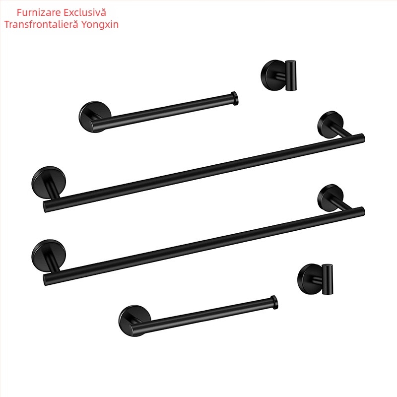 Set pentru prosoape din oțel inoxidabil 304, montat pe perete: bară pentru prosoape, suport pentru șervețele, inel pentru prosoape și cârlige; stil modern minimalist; set de șase piese sau mai mult