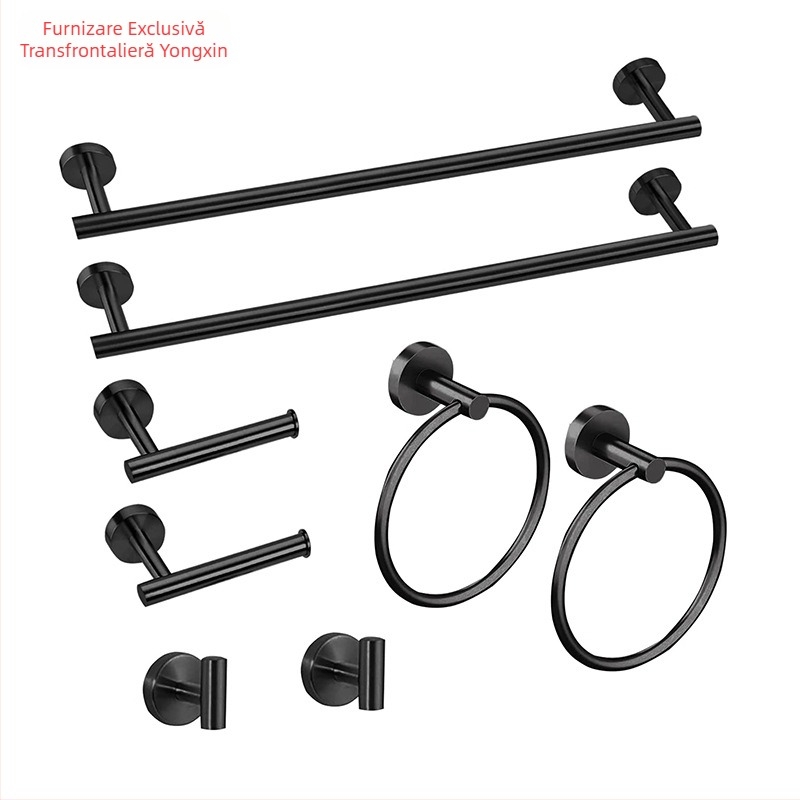 Set pentru prosoape din oțel inoxidabil 304, montat pe perete: bară pentru prosoape, suport pentru șervețele, inel pentru prosoape și cârlige; stil modern minimalist; set de șase piese sau mai mult
