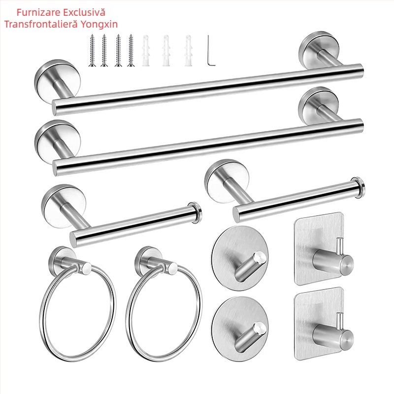 Set pentru prosoape din oțel inoxidabil 304, montat pe perete: bară pentru prosoape, suport pentru șervețele, inel pentru prosoape și cârlige; stil modern minimalist; set de șase piese sau mai mult
