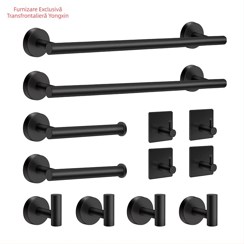 Set pentru prosoape din oțel inoxidabil 304, montat pe perete: bară pentru prosoape, suport pentru șervețele, inel pentru prosoape și cârlige; stil modern minimalist; set de șase piese sau mai mult