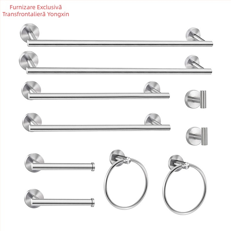 Set pentru prosoape din oțel inoxidabil 304, montat pe perete: bară pentru prosoape, suport pentru șervețele, inel pentru prosoape și cârlige; stil modern minimalist; set de șase piese sau mai mult