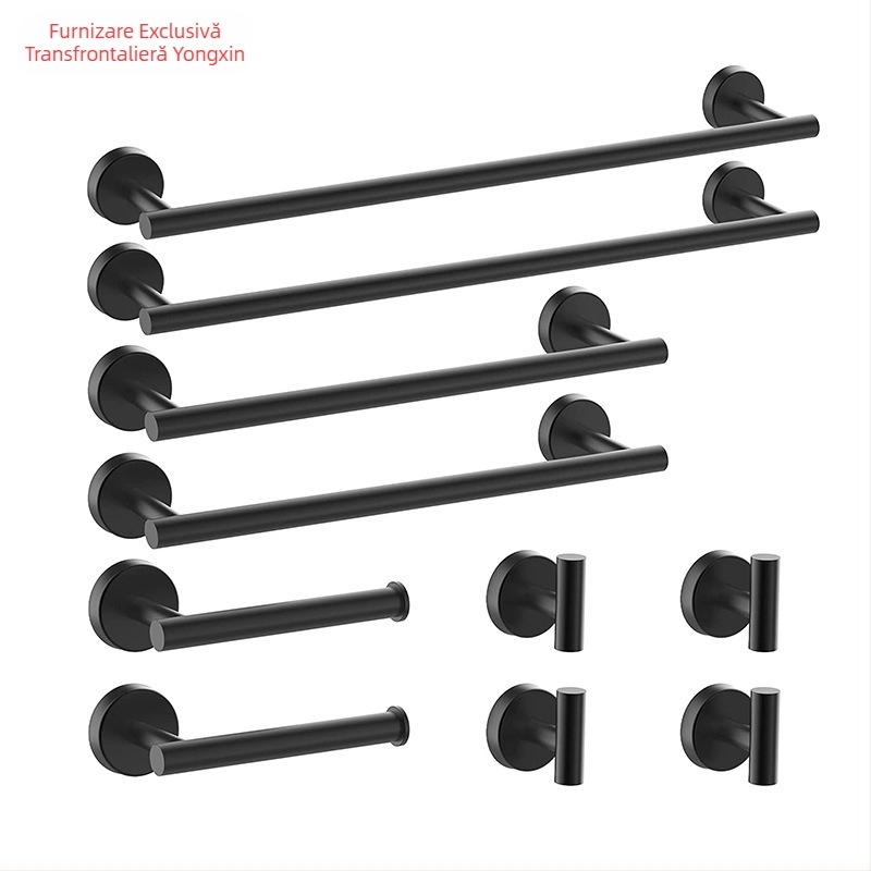 Set pentru prosoape din oțel inoxidabil 304, montat pe perete: bară pentru prosoape, suport pentru șervețele, inel pentru prosoape și cârlige; stil modern minimalist; set de șase piese sau mai mult