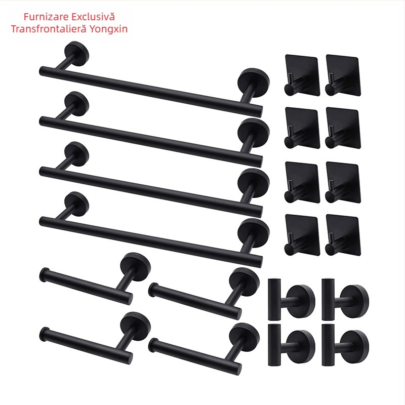 Set pentru prosoape din oțel inoxidabil 304, montat pe perete: bară pentru prosoape, suport pentru șervețele, inel pentru prosoape și cârlige; stil modern minimalist; set de șase piese sau mai mult