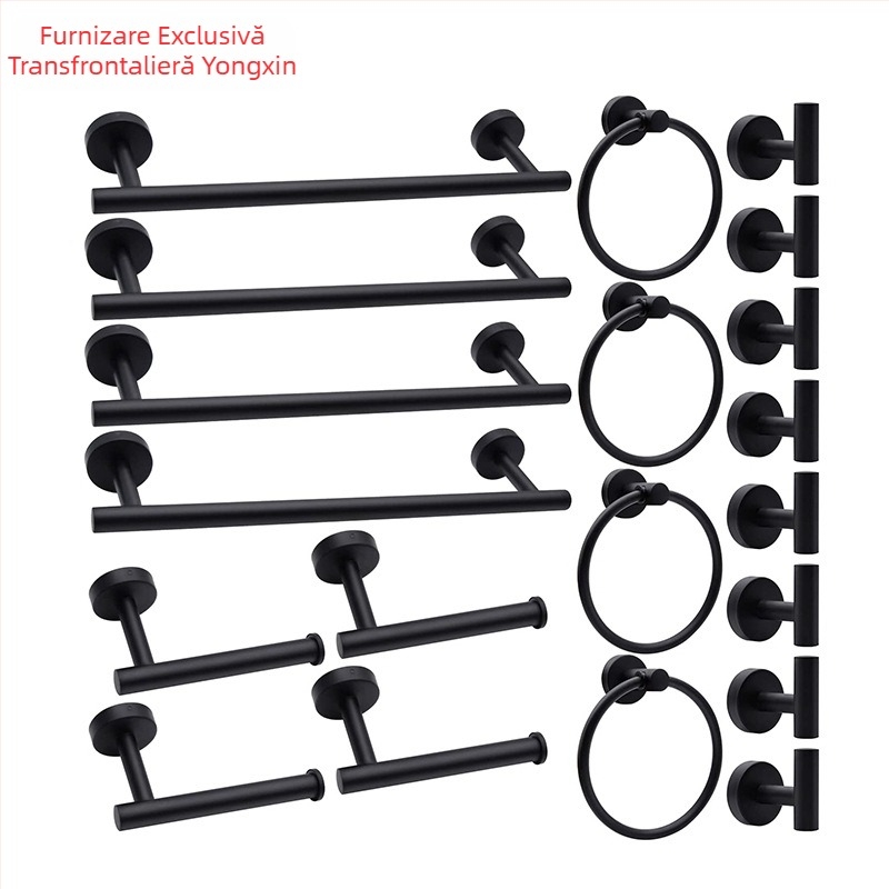 Set pentru prosoape din oțel inoxidabil 304, montat pe perete: bară pentru prosoape, suport pentru șervețele, inel pentru prosoape și cârlige; stil modern minimalist; set de șase piese sau mai mult