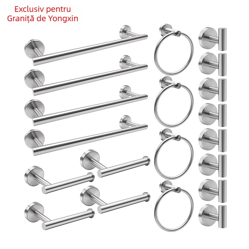 Set pentru prosoape din oțel inoxidabil 304, montat pe perete: bară pentru prosoape, suport pentru șervețele, inel pentru prosoape și cârlige; stil modern minimalist; set de șase piese sau mai mult