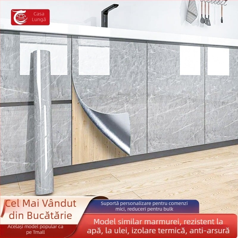 Autocolant autoadeziv pentru perete, PET, cu model marmură imitata, rezistent la ulei și la temperaturi înalte, decor de perete pentru bucătărie