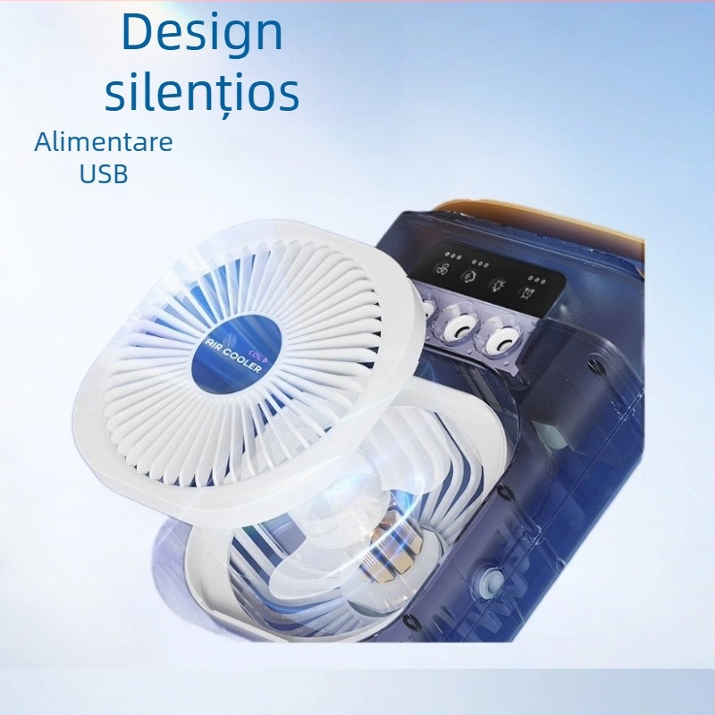 Ventilator de birou USB cu funcție de pulverizare și telecomandă, 3 palete, motor brushless, baterie încorporată 4000-6000mAh, alimentare USB, funcționare silențioasă ≤36 dB pentru circulația aerului