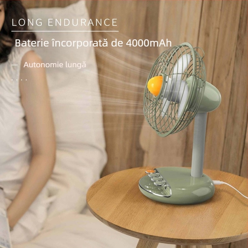Jane Mi Blue ventilator de birou vintage cu 3 palete, baterie încorporată, alimentare USB, motor brushless, grilă din plasă metalică, butoane mecanice