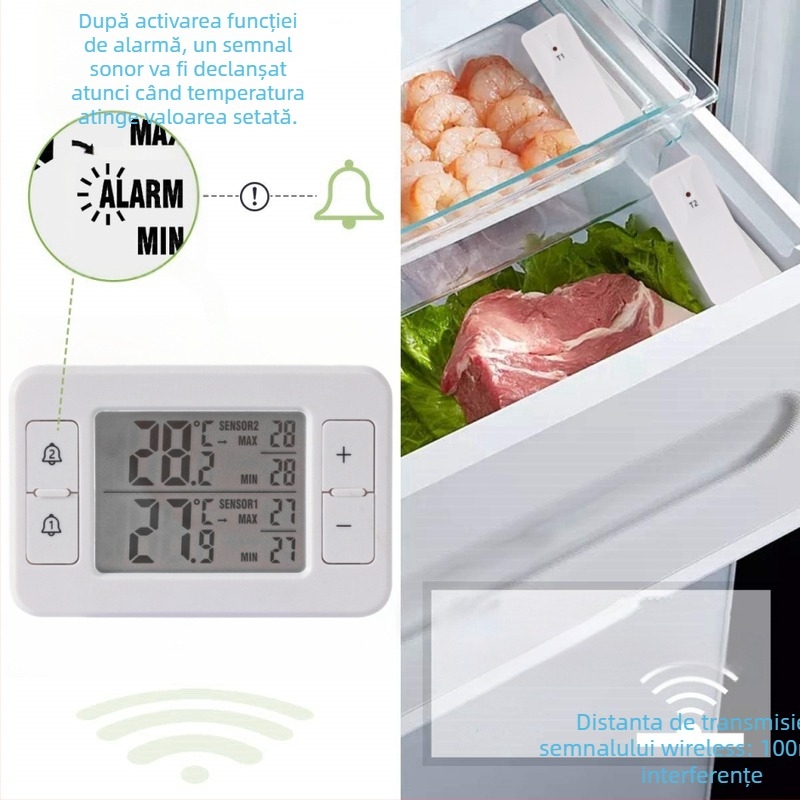 Termometru de frigider wireless, interior/exterior, canal dublu, rezoluție 0,1°C, alarmă