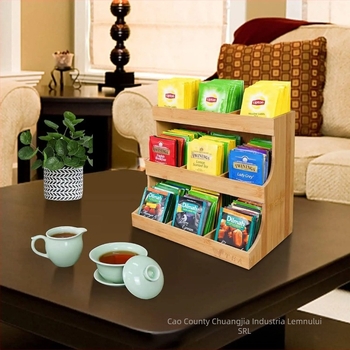 Raft din lemn pentru condimente și capsule de cafea, montat pe perete, bambus, spațiu dublu pentru capsule, vitrină cu trei etaje pentru ceai și cafea