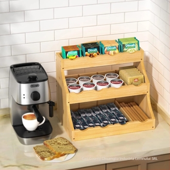 Raft din lemn pentru condimente și capsule de cafea, montat pe perete, bambus, spațiu dublu pentru capsule, vitrină cu trei etaje pentru ceai și cafea