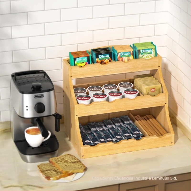 Raft din lemn pentru condimente și capsule de cafea, montat pe perete, bambus, spațiu dublu pentru capsule, vitrină cu trei etaje pentru ceai și cafea