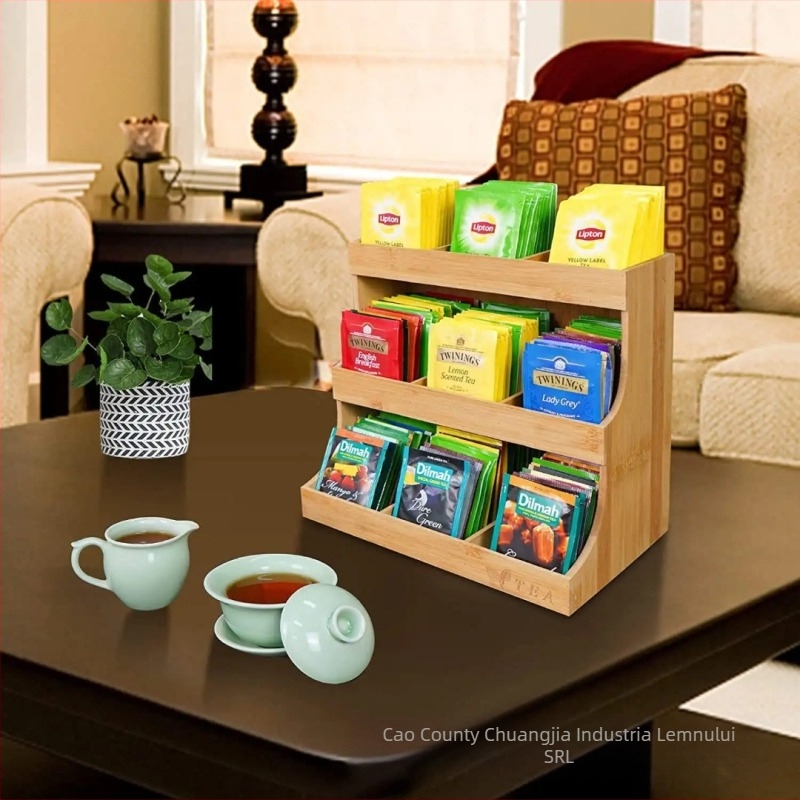 Raft din lemn pentru condimente și capsule de cafea, montat pe perete, bambus, spațiu dublu pentru capsule, vitrină cu trei etaje pentru ceai și cafea