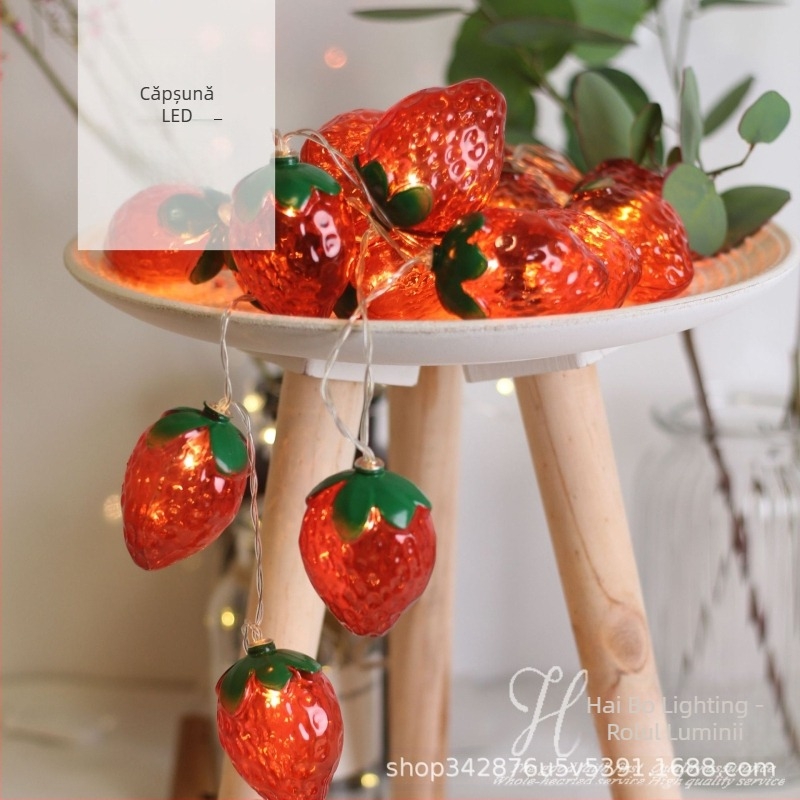 Şir LED în formă de căpşună, alimentare cu baterii, 20 LED-uri, 1,5 m, IP44, decor de Crăciun și recuzită pentru fotografii ale copiilor